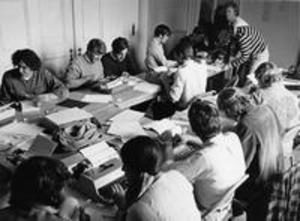 Students working at Williams Strike Central, 1970