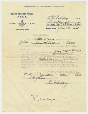 Demit issued to Perry Francis Adams Vanderzee, 1940 January 18