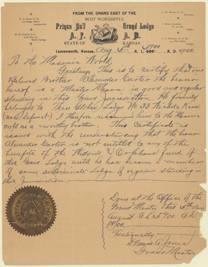 Letter of recommendation from Grand Master Dennis A. Jones for Alexander Carter, 1900 August 5