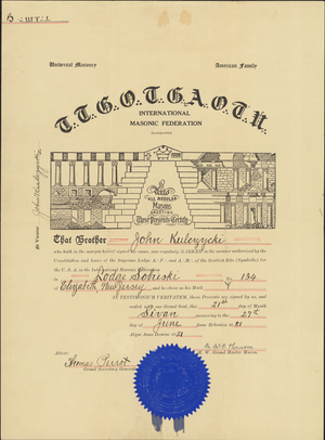 International Masonic Federation Mark Certificate for John Kulczycki
