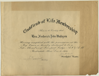 Life membership certificate issued to Fredrick Peter Wahlgren, 1909 December 10