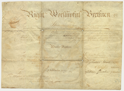 Master Mason certificate issued by Philadelphia Lodge, No. 2, to James Harding, 1775 September 6