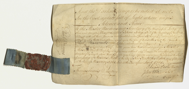 Master Mason certificate issued by St. John's Lodge, No. 1, to Paul Bascombe, 1761 August 8