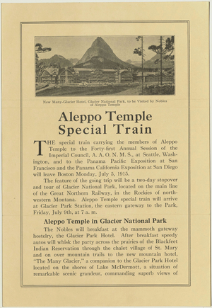 Announcement for Aleppo Temple special train, 1915 July 5