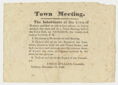 Town meeting notice, 1840 December 21