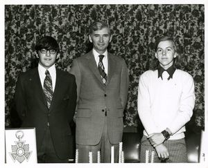 Francis X. Flannery with two members of Suffolk University's Alpha Phi Omega (Business) chapter, circa 1960s