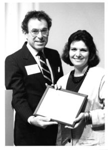 Suffolk University Professor Agnes S. Bain (CAS, Government) and President Daniel H. Perlman (1980-1989) at a campus event