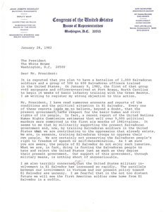 Draft letter from Congressman John Joseph Moakley to President Ronald Reagan regarding the training of Salvadoran troops in the United States