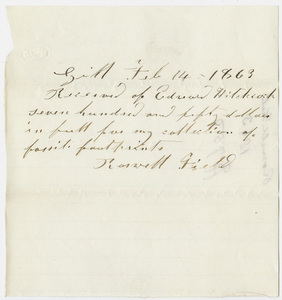 Edward Hitchcock receipt of payment to Roswell Field, 1863 February 14