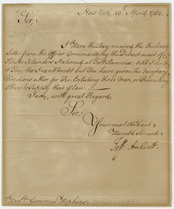 Jeffery Amherst letter to Governor Stephen Hopkins, 1762 April 25