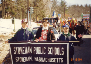 Mom--School Committee Chair with sons in Nancy Kerrigan parade