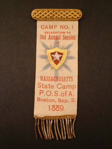 Ribbon for the Camp No. 1 Delegation to 2nd Annual Session of Massachusetts State Camp P.O.S. of A., Boston, 1889 September 2