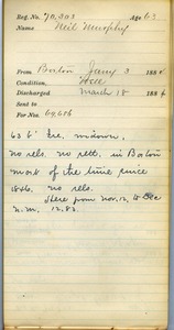 Tewksbury Almshouse Intake Record: Murphy, Neil