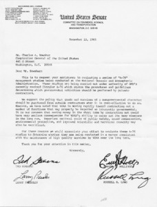 Letter to Charles Bowsher from Ted Stevens, et. al. requesting assistance in evaluating a series of studies being conducted at the National Oceanic and Atmospheric Administration