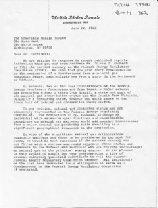 Unsigned Letter to Ronald Reagan regarding the nomination of Mr. Oliver G. Richard to fill the vacancy on the Federal Energy Regulatory Commission