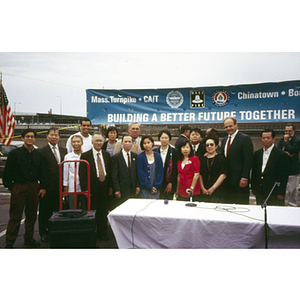 Mayor Thomas Menino addresses assembled protestors at their victory ceremony