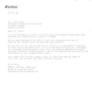 Correspondence from the Lotus Development Corporation's Philanthropy Program awarding the Chinese Progressive Association Workers' Center a $15,000 grant