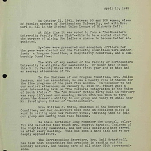 Annual Report of the N. U. Faculty Wives Club, 1941-1942