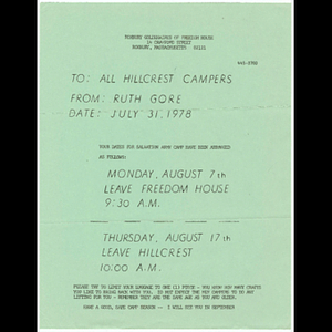 Memo from Ruth Gore to Roxbury Goldenaires Hillcrest Campers about dates and luggage