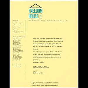 Response to inquiries about Freedom House Interracial Home Visit Program