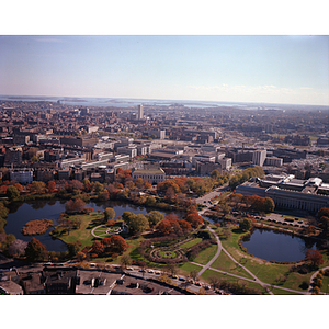 Aerial view of Northeastern's campus and the Back Bay Fens