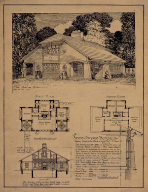 Presentation drawing of an unidentified brick cottage bungalow, designed by Frank Chouteau Brown, location unknown, 1912