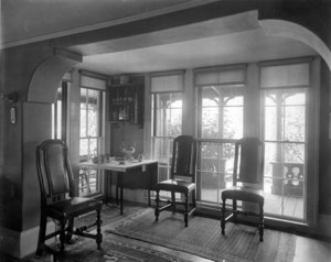 Interior view of Pickering House, dining room tea service, Salem, Mass., undated