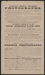 Handbill for genuine highly colored photographs, Acme Card Co., Foxboro, Mass., undated