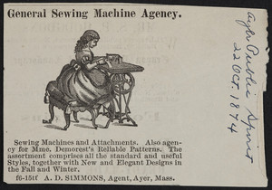 Advertisement for the General Sewing Machine Agency, A.D. Simmons, agent, Ayer, Mass., October 22, 1874