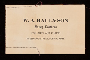 Samples of velvet finished lamb skins, W.A. Hall & Son, fancy leathers for arts and crafts, 99 Bedford Street, Boston, Mass.