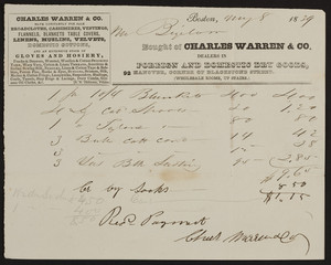 Billhead for Charles Warren & Co., foreign and domestic dry goods, 92 Hanover, corner of Blackstone Street, Boston, Mass., dated May 8, 1839