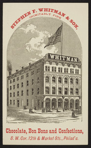 Trade card for Stephen F. Whitman & Son, chocolate, bon bons and confections, south west corner 12th & Market Streets, Philadelphia, Pennsylvania, undated