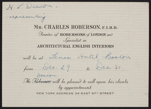 Trade card for Mr. Charles Roberson, architectural English interiors, Robersons of London, 24 East 67th Street, New York, New York, undated