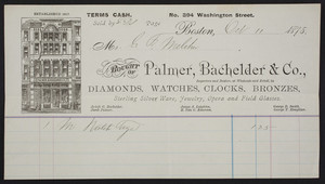 Billhead for Palmer, Bachelder & Co., importers and dealers, at wholesale and retail, in diamonds, watches, clocks, bronzes, No. 394 Washington Street, Boston, Mass., dated October 11, 1875