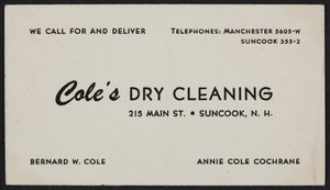 Trade card for Cole's Dry Cleaning, 215 Main Street, Suncook, New Hampshire, undated