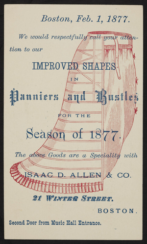 Trade card for Isaac D. Allen & Co., corsets, 21 Winter Street, Boston, Mass., February 1, 1877