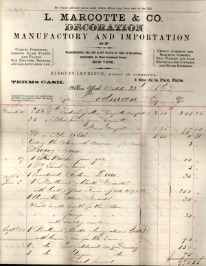 Billhead for L. Mercotte Co., decoration, manufactory and importation of, warehouse, 343, 345 & 347 Fourth Street, east of Broadway, factory, 55 west sixteenth Street, New York, New York, dated October 22, 1863