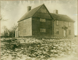 Exterior view of the Browne House in winter, Watertown, Mass., undated