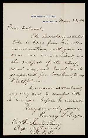 Henry L. Bryan to Thomas Lincoln Casey, March 22, 1888