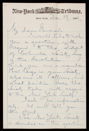 Henry Hall to Thomas Lincoln Casey, December 19, 1889