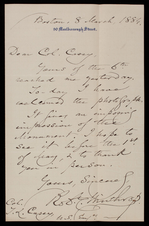 [Robert] Winthrop to Thomas Lincoln Casey, March 8, 1884
