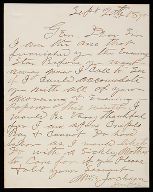 [William] Jackson to Thomas Lincoln Casey, September 20, 1890