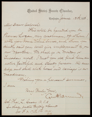 Senator [George F.] Edmunds to Thomas Lincoln Casey, June 13, 1878