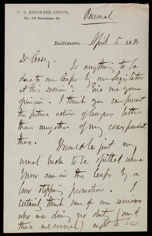 [William P. Craighill] to Thomas Lincoln Casey, April 5, 1880