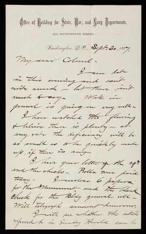 Bernard R. Green to Thomas Lincoln Casey, September 30, 1887
