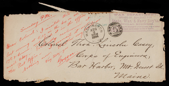 Bernard R. Green to Thomas Lincoln Casey, August 9, 1884