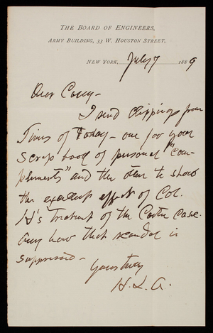 [Henry L. Abbot] to Thomas Lincoln Casey, July 7, 1889