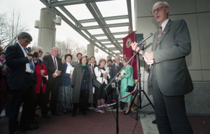 Dedication ceremonies for the Conte Polymer Center: John Olver addressing the crowd (view toward the crowd)
