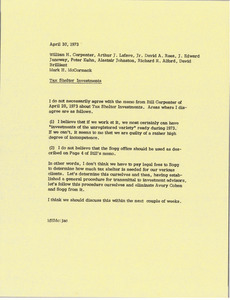 Memorandum from Mark H. McCormack to William H. Carpenter, Arthur J. Lafave, Jr., David A. Rees, J. Edward Janeway, Peter Kuhn, Alastair Johnston, Richard R. Alford, and David Brilliant