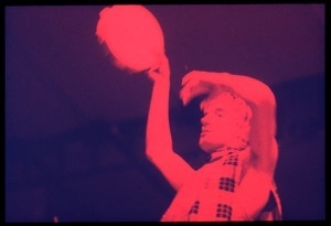 Rod Stewart with tambourine, performing with Faces, probably at the Reading Festival